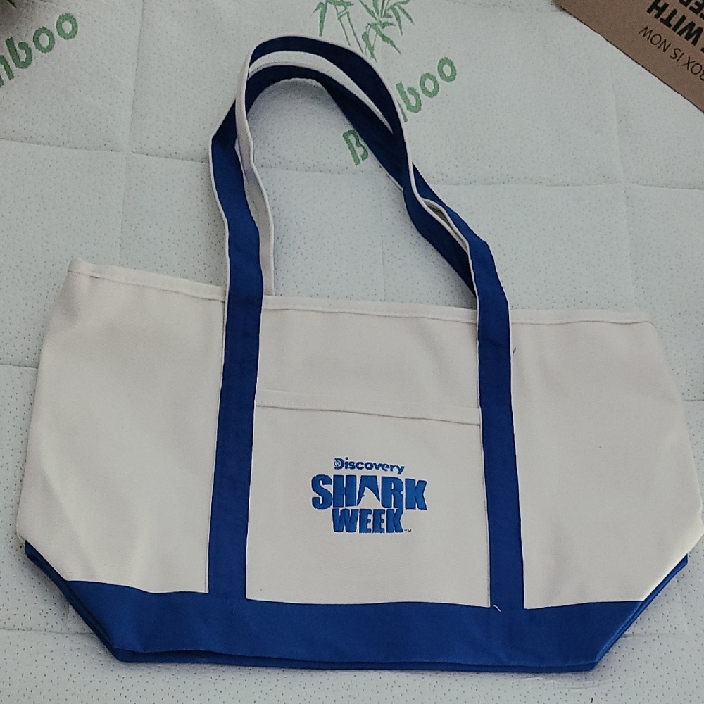 Discovery SHARK WEEK Nautical Blue and White Canvas Tote